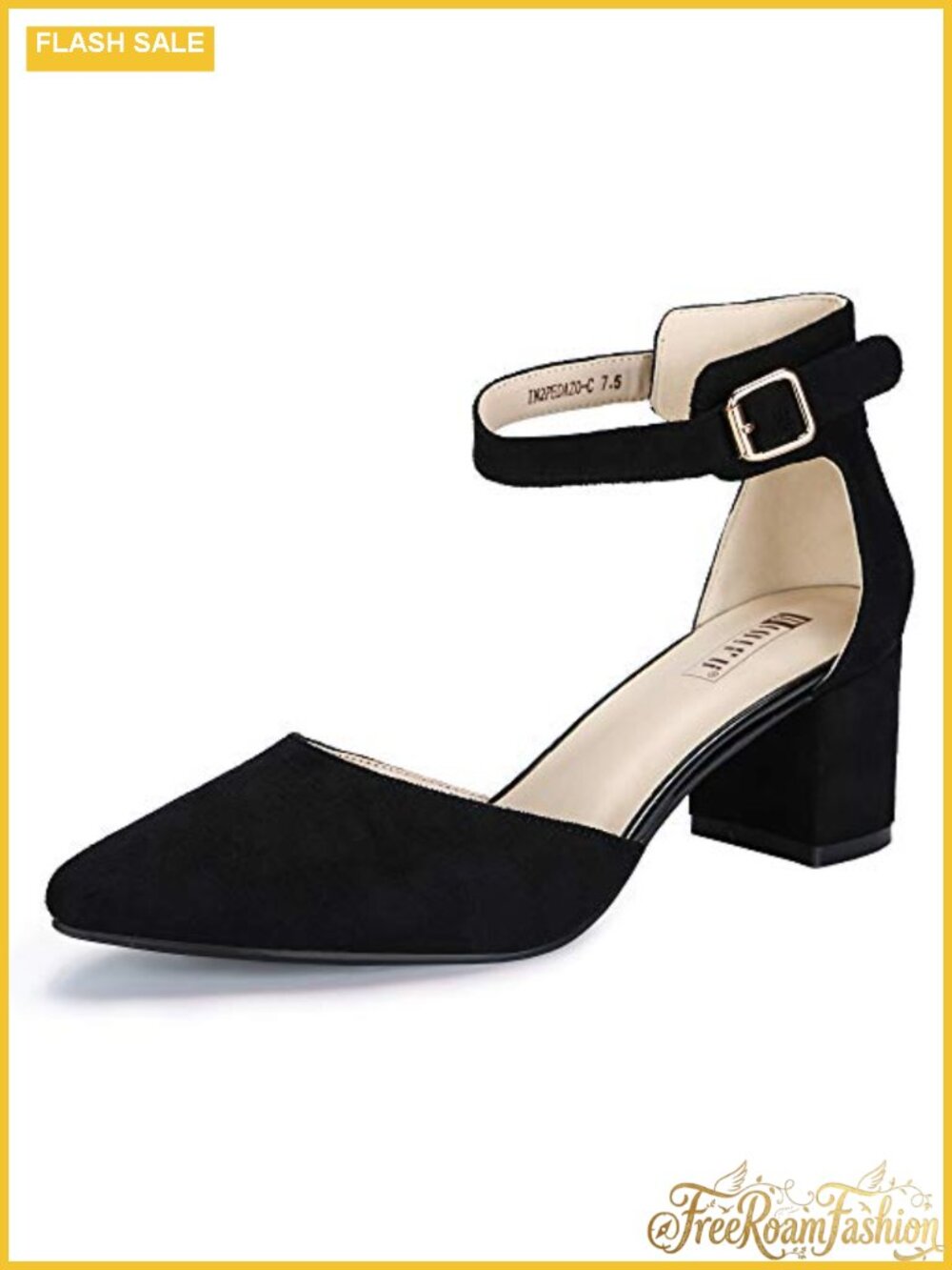Women's Pointed Toe Low Block Heel D'Orsay Pumps with Ankle Strap
